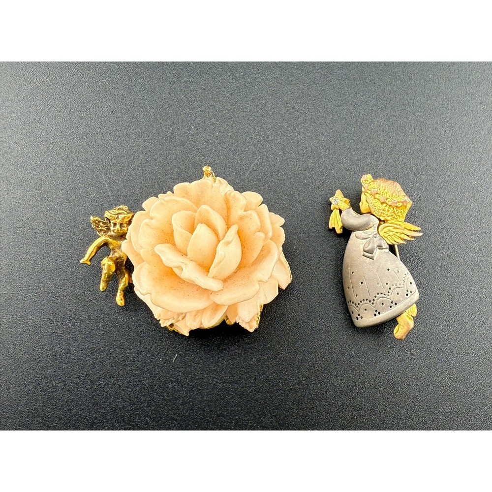 Vintage Cherub Angel Brooch Set Peach Flower Charm Gold Tone Pin Jewelry